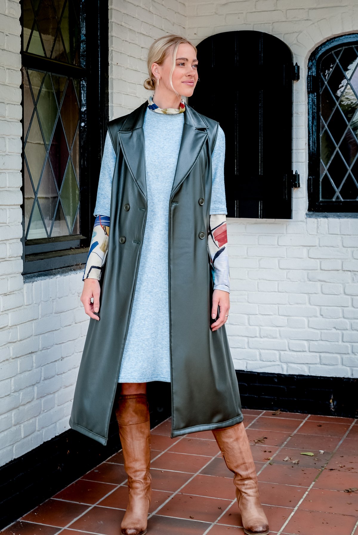 leatherlook gilet leathergilet brei jurk print